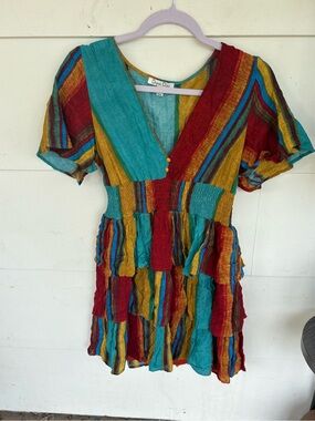Boho Tiered Mini Dress in Teal, Red & Mustard Fall Festival artsy bright western